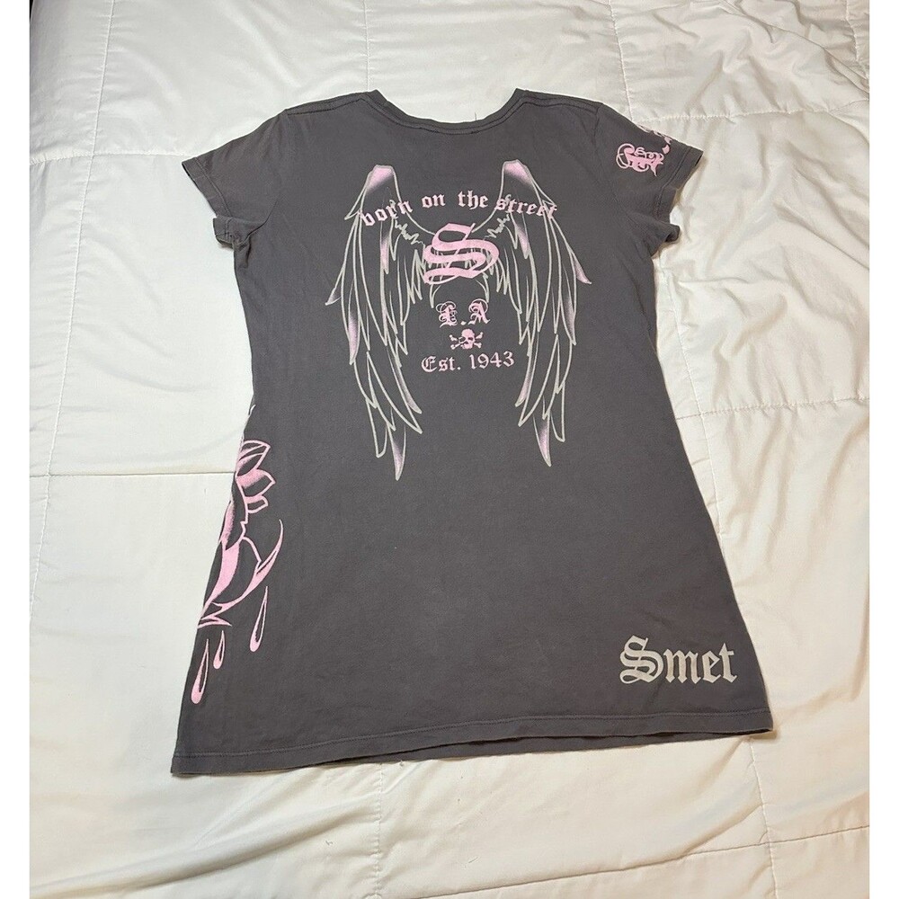 Y2K Smet Christian Audigier Pastel Pink/gray Long T Shirt L Women Grunge Wings